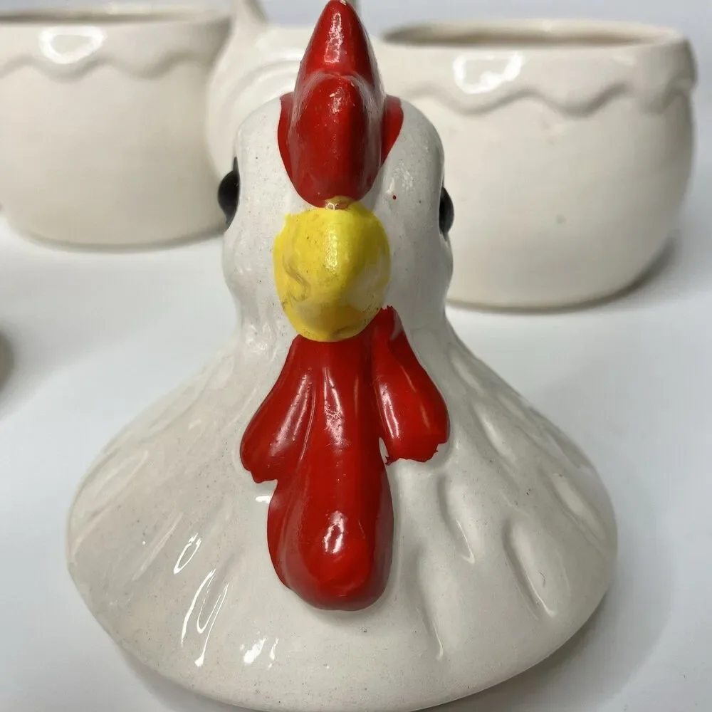 Vtg Rooster & Chicken Hen Coffee & Sugar Bowls Spanish Folk Art White Farmhouse